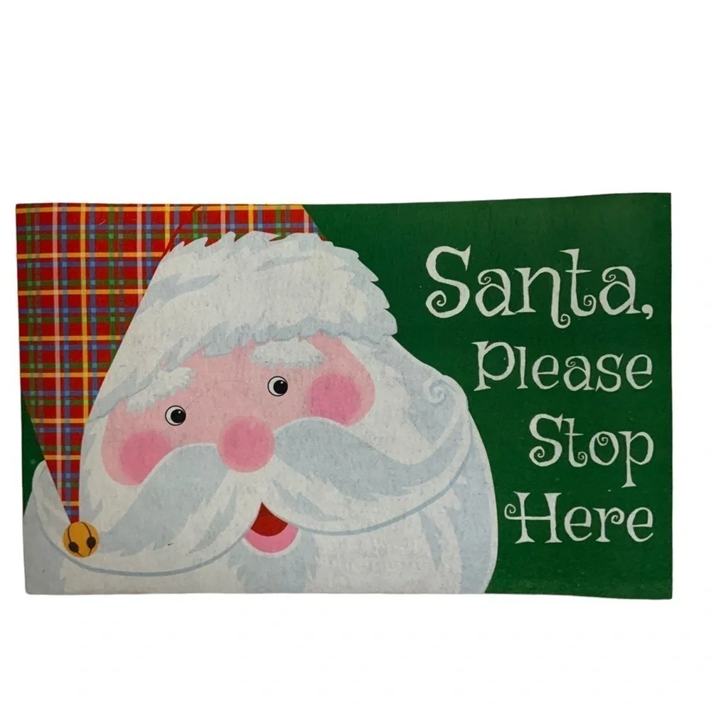 Holiday Santa Doormat Please Stop Here Christmas Indoor Outdoor PlaidGreen Red